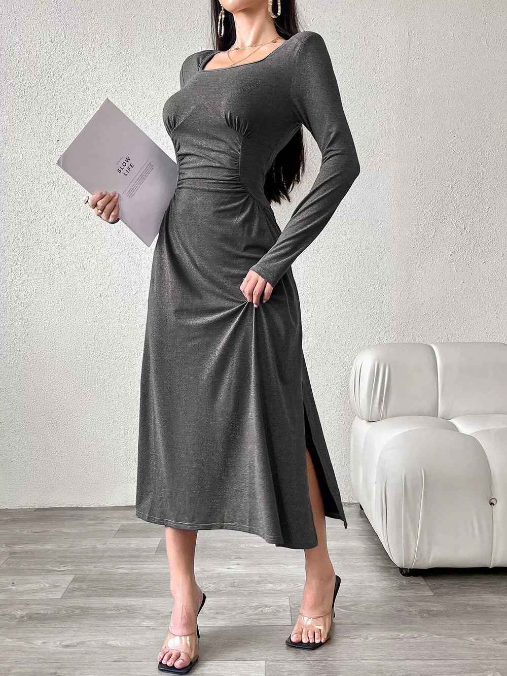 ZARA Elegant Spring Summer Square Neck Ruffled Waist Slimming Midi Dress